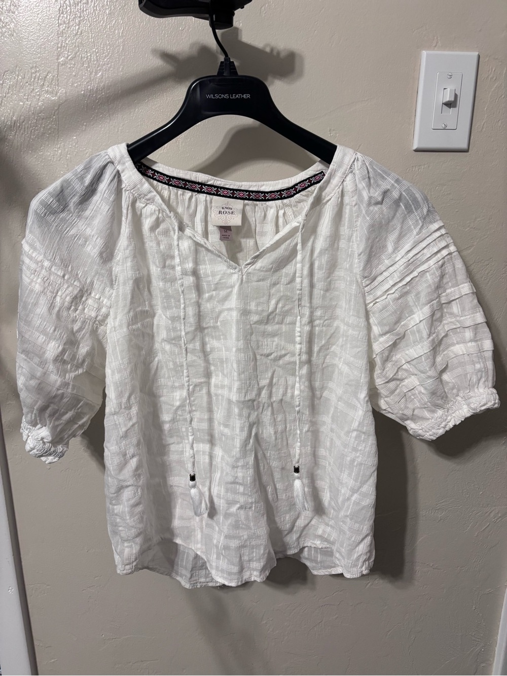 Knox Rose White Textured Peasant Blouse with Tie 100% Cotton Gauze Boho Prairie